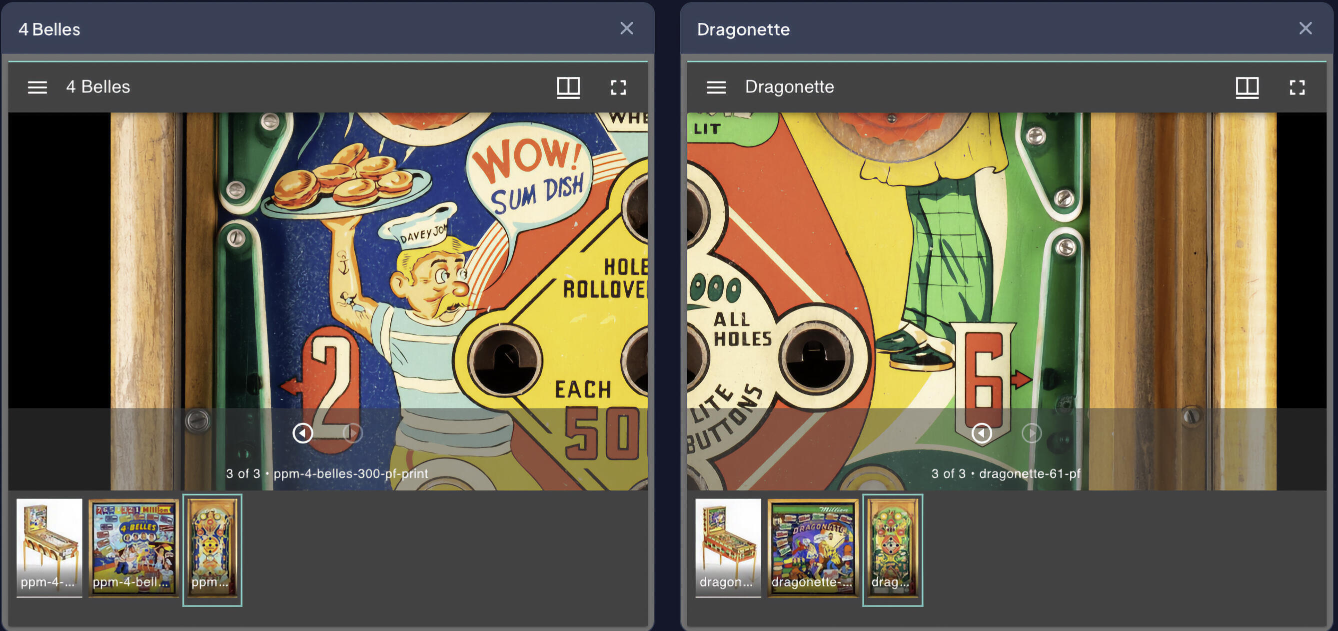 Screenshot of gallery comparison feature showing Dragonette and 4-Belles pinball playfields side by side in split-screen view