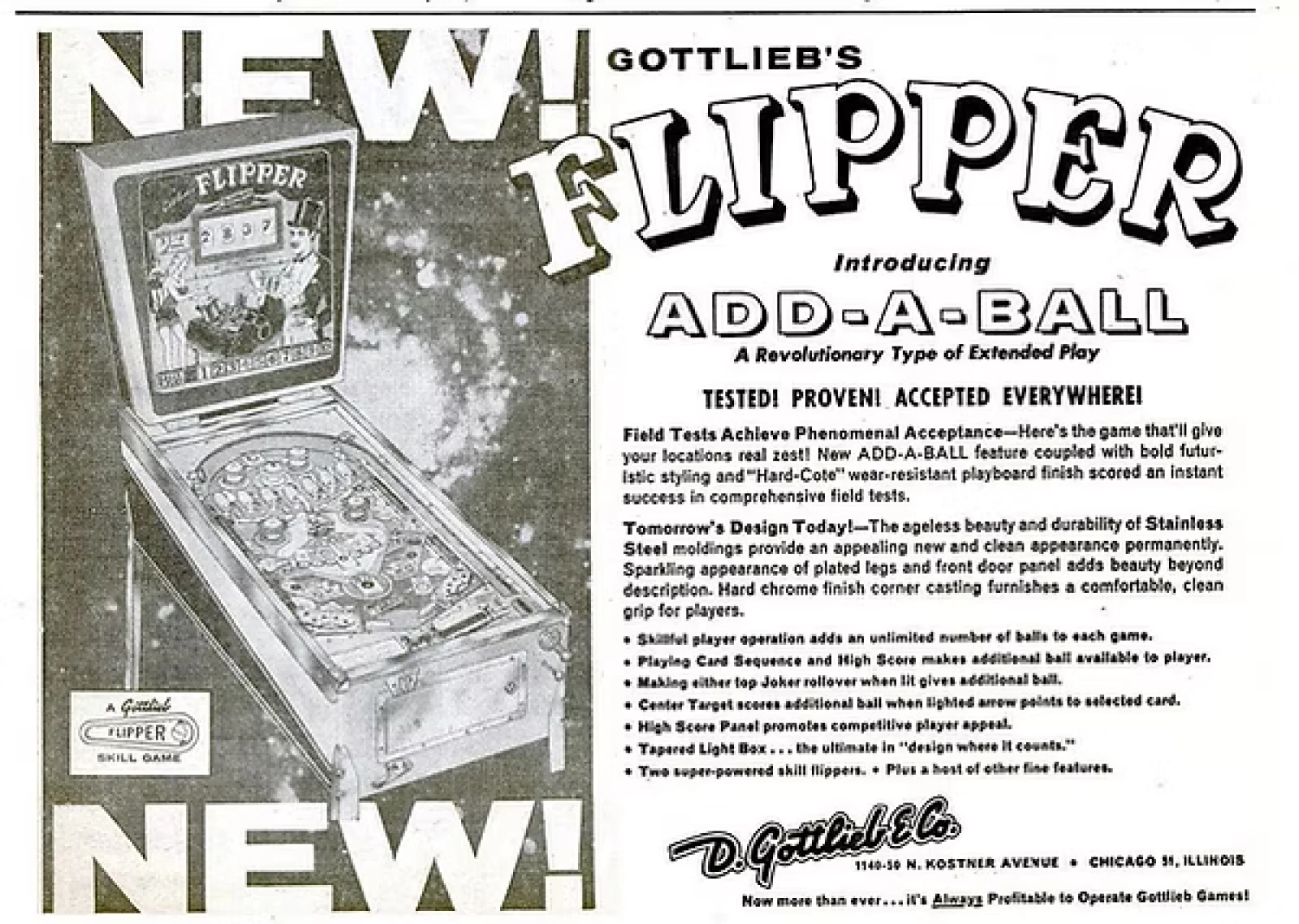 Gottlieb Flipper Ad, Billboard Magazine, 1960 (Rob Hawkins/IPDB.Org)